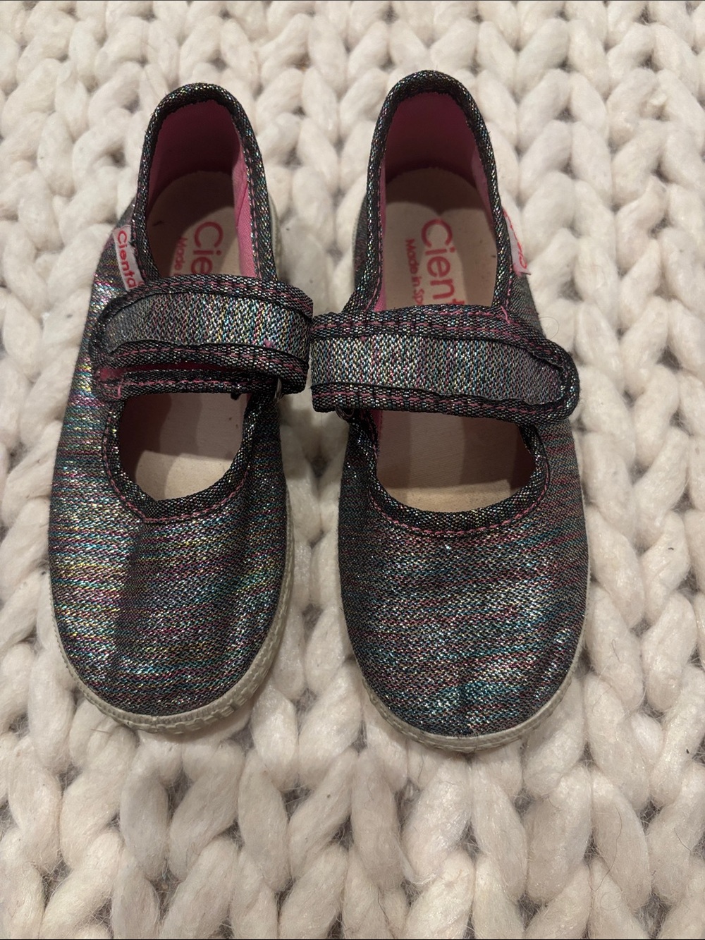 Cienta Girls Sparkle Mary Janes - Multi Metallic with Pink Trim